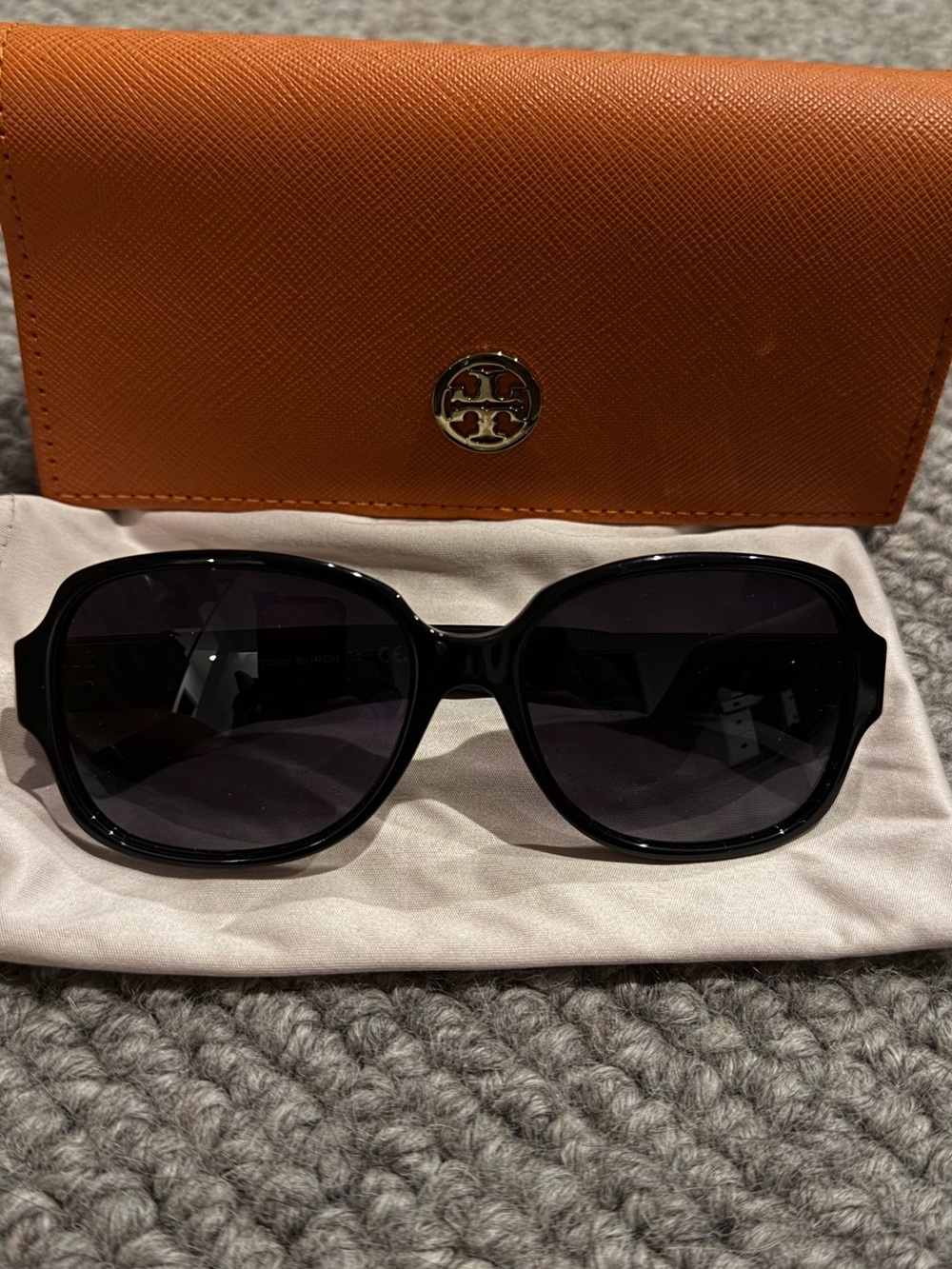Tory Burch Black Oversized Sunglasses with Orange Logo Case